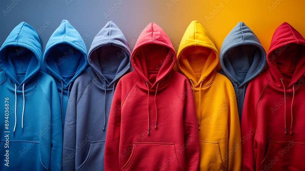 Several hoodies spread on colorful background Several hoodies spread on colorful background