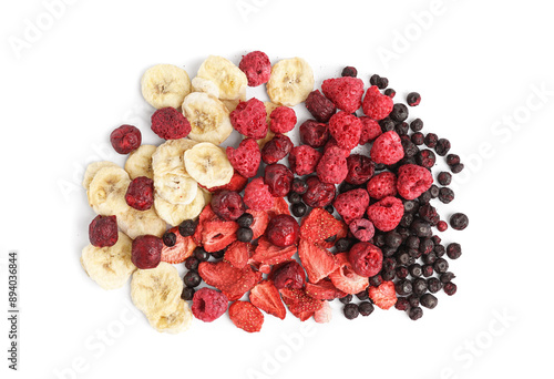 Fototapeta Naklejka Na Ścianę i Meble -  Heap of different freeze-dried fruits on white background