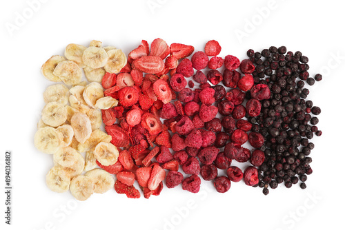 Fototapeta Naklejka Na Ścianę i Meble -  Composition with different freeze-dried fruits and berries on white background