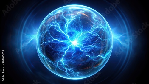 Blue glowing ball lightning in fisheye perspective, mysterious, electricity, dramatic, energy, unusual