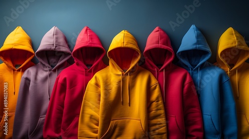  Several hoodies spread on colorful background  photo