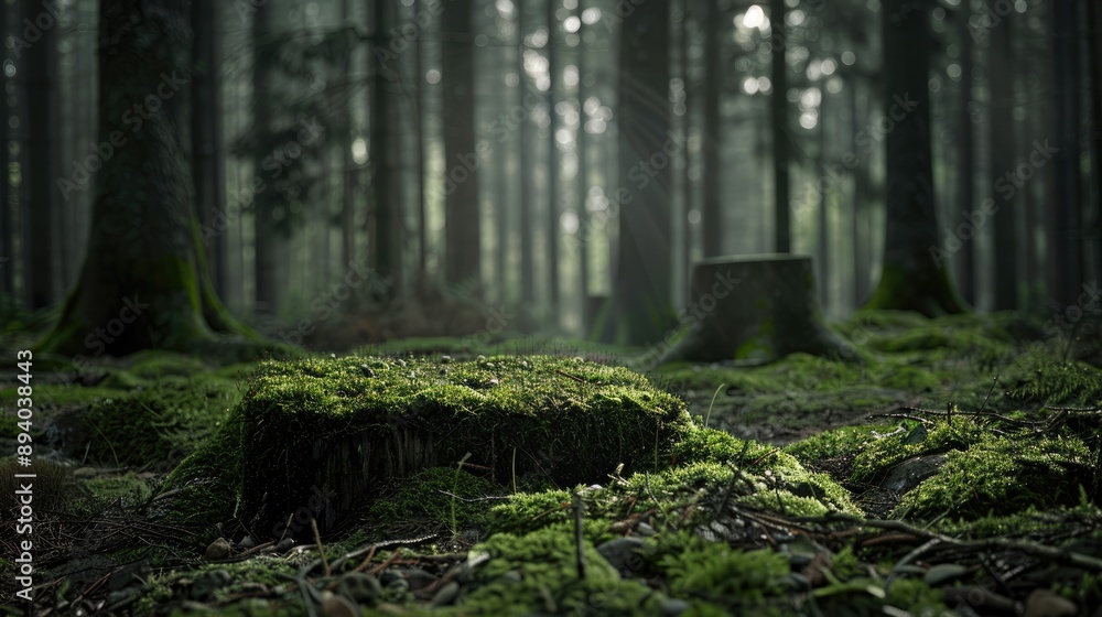 Dark forest backdrop with green moss for product display. Dark forest backdrop with green moss for product display.
