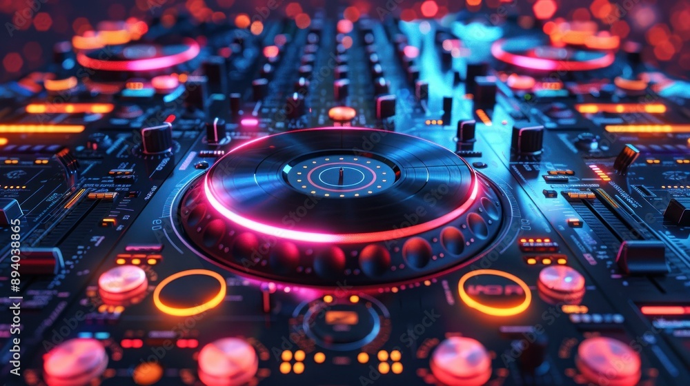 Fototapeta premium A vibrant 3D digital artwork of a DJ turntable illuminated with neon lights and a colorful backdrop, showcasing a high-tech, futuristic design.