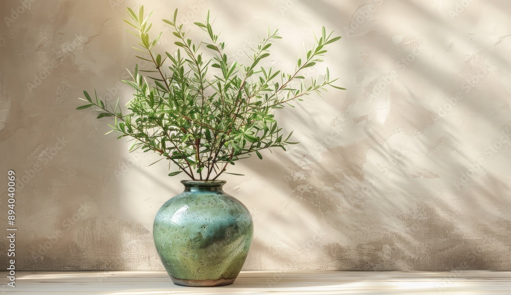 A ceramic vase with olive branches inside, placed on an empty table against the backdrop of a beige wall. A ceramic vase with olive branches inside, placed on an empty table against the backdrop of a beige wall.