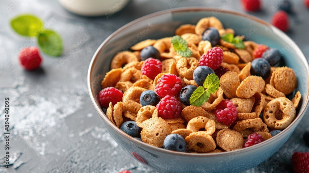 Pancake cereal served with milk and berries in a bowl on a cement background Pancake cereal served with milk and berries in a bowl on a cement background