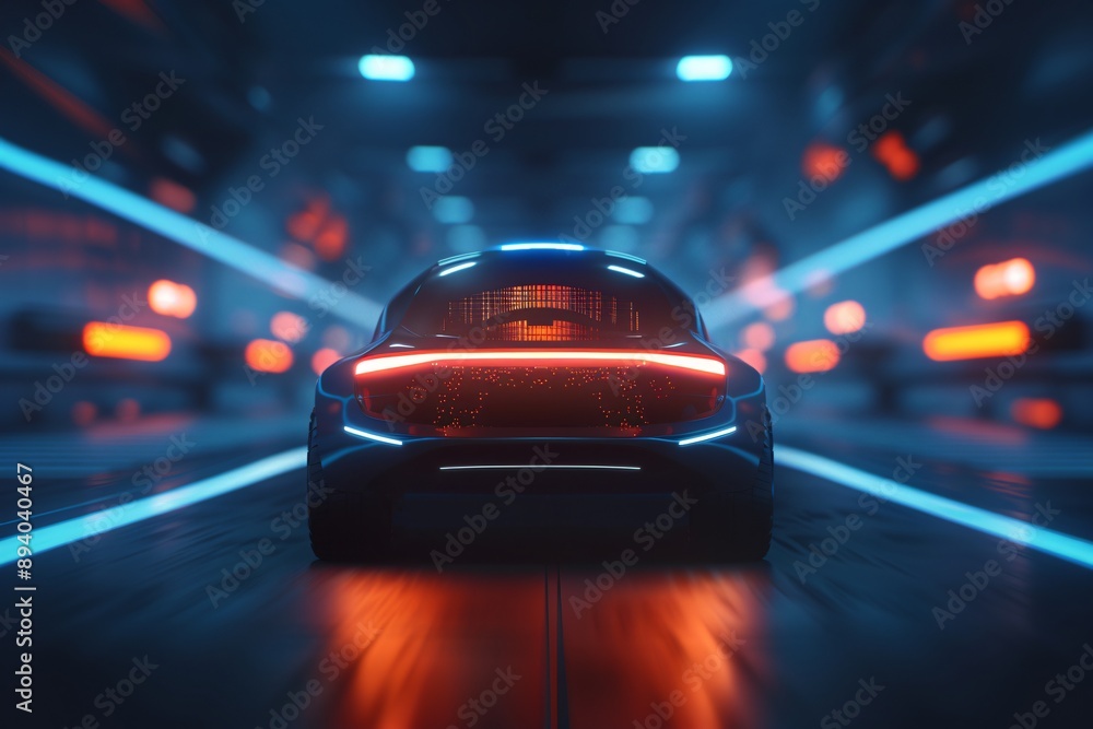 Autonomous vehicle rendered in 3D with blue holographic technology showcasing high tech automotive elements and futuristic diagnostics Autonomous vehicle rendered in 3D with blue holographic technology showcasing high tech automotive elements and futuristic diagnostics