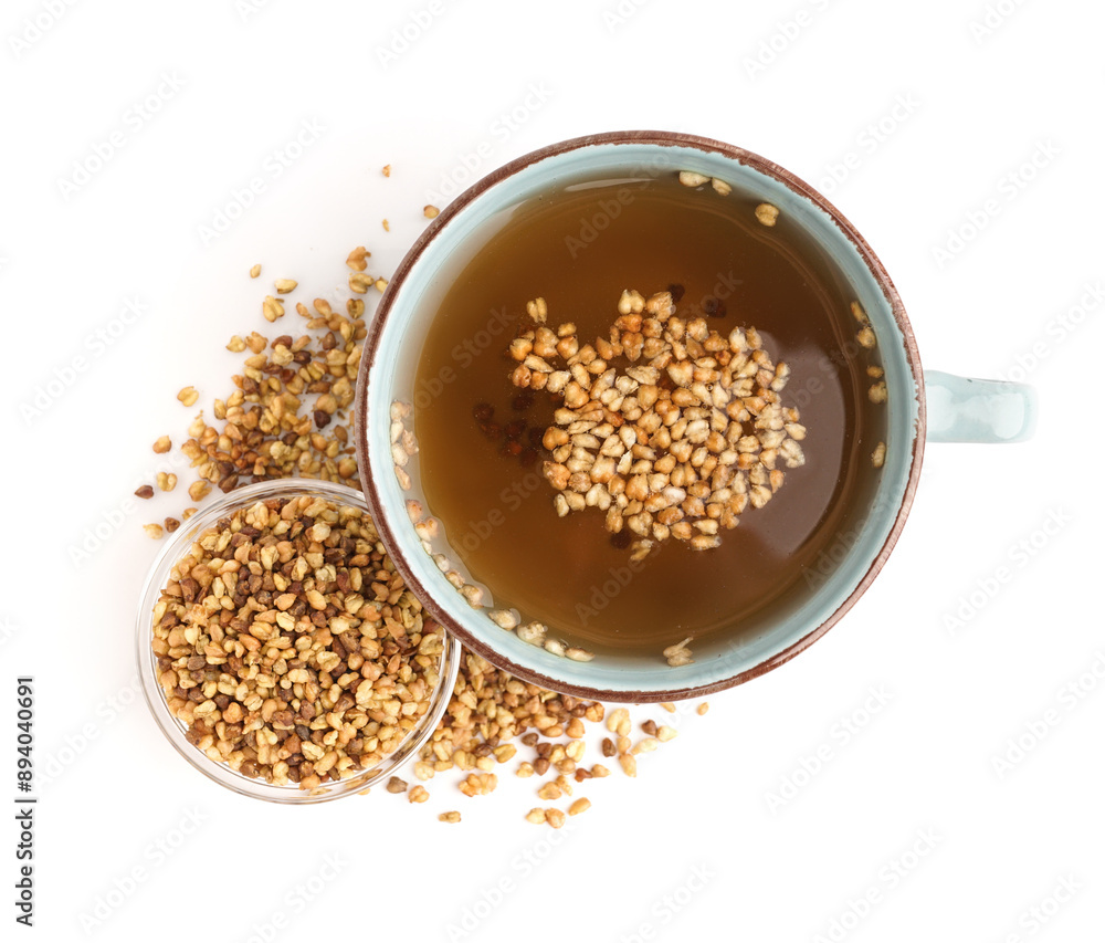 Cup of fresh buckwheat tea on white background Cup of fresh buckwheat tea on white background