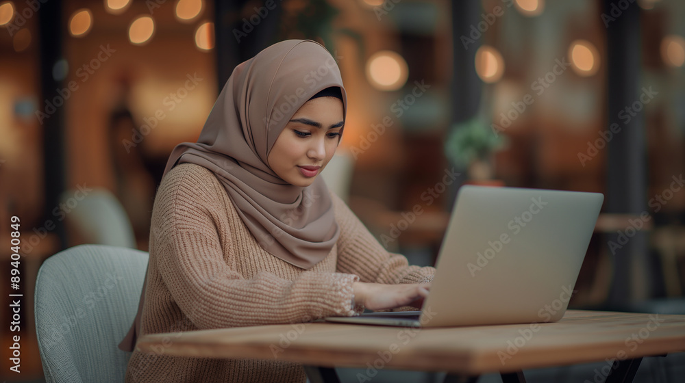 Focused woman in hijab using laptop, working in a modern cafe, professional Muslim female in cozy setting with bokeh lights Focused woman in hijab using laptop, working in a modern cafe, professional Muslim female in cozy setting with bokeh lights