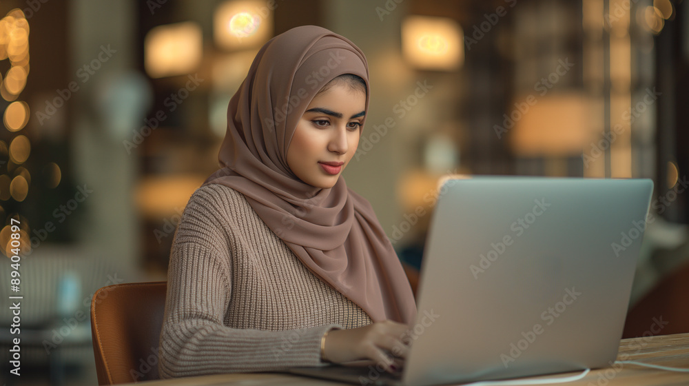 Focused woman in hijab using laptop, working in a modern cafe, professional Muslim female in cozy setting with bokeh lights Focused woman in hijab using laptop, working in a modern cafe, professional Muslim female in cozy setting with bokeh lights