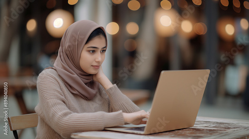 Focused woman in hijab using laptop, working in a modern cafe, professional Muslim female in cozy setting with bokeh lights