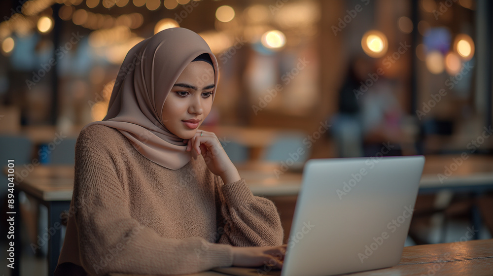 Focused woman in hijab using laptop, working in a modern cafe, professional Muslim female in cozy setting with bokeh lights Focused woman in hijab using laptop, working in a modern cafe, professional Muslim female in cozy setting with bokeh lights