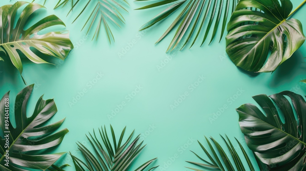 Naklejka premium Tropical palm leaves on mint background Summer theme Top view with empty space