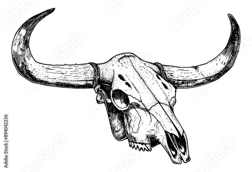 bull skull engraving black and white outline