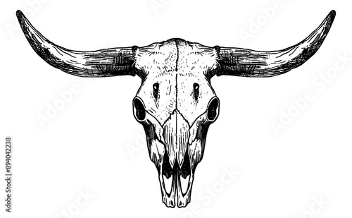 bull skull engraving black and white outline photo