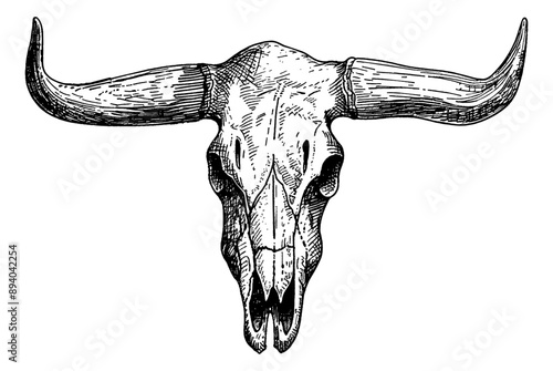 bull skull engraving black and white outline