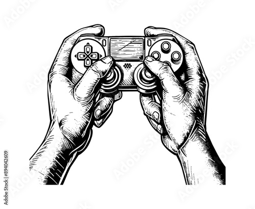 hand controller game engraving black and white outline