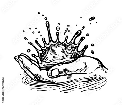 hand water splash engraving black and white outline