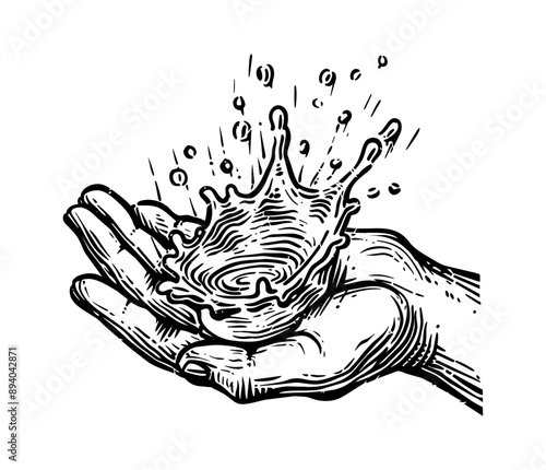 hand water splash engraving black and white outline