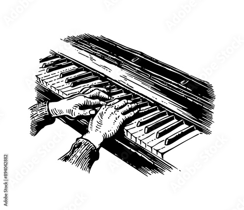 hand piano engraving black and white outline