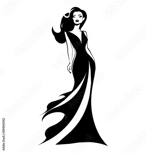 woman wear gown engraving black and white outline