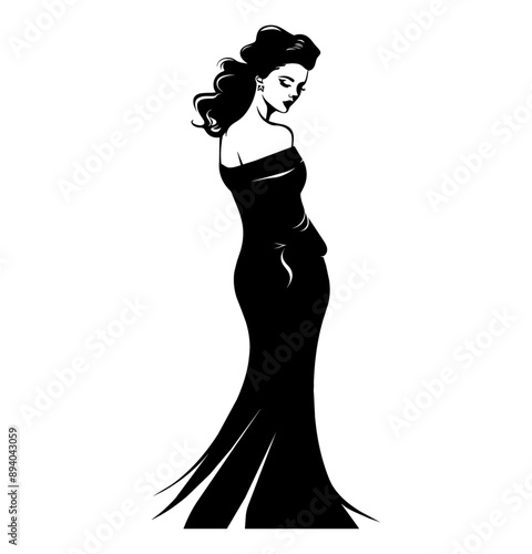 woman wear gown engraving black and white outline