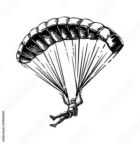 man parachute engraving black and white outline