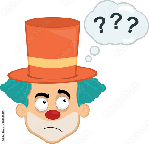 vector illustration face character clown cartoon, with a doubtful or thinking expression and a thought cloud with question marks