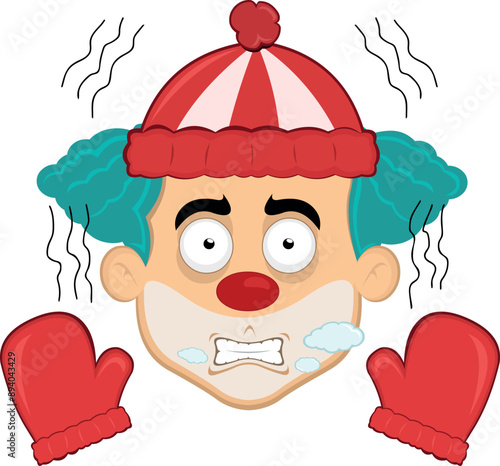 vector illustration face character clown cartoon shivering cold, wearing gloves and a winter hat, with breath vapor in his mouth