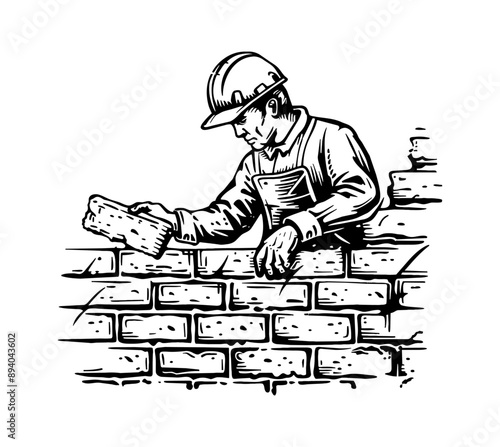 man build wall brick engraving black and white outline