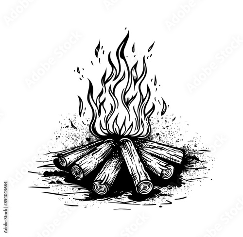campfire engraving black and white outline