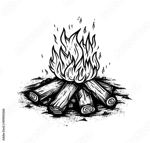 campfire engraving black and white outline