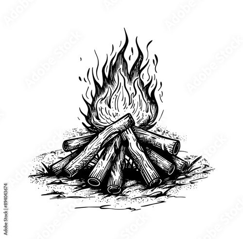 campfire engraving black and white outline