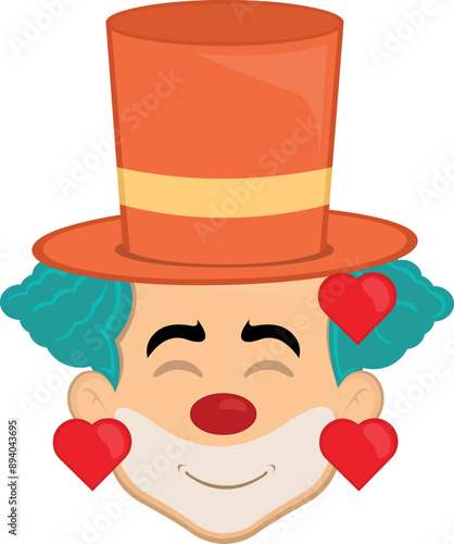 vector illustration face character clown cartoon, with an joy and love expression, surrounded by hearts