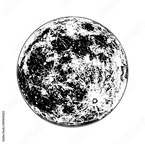 full moon engraving black and white outline