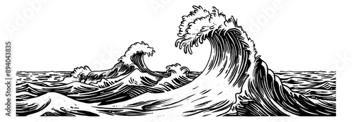 ocean wave engraving black and white outline