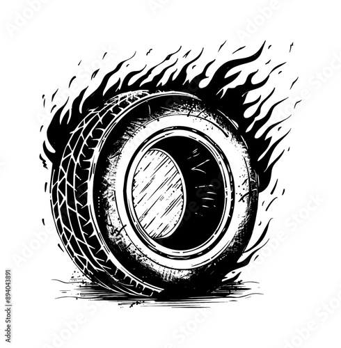 tire fire engraving black and white outline