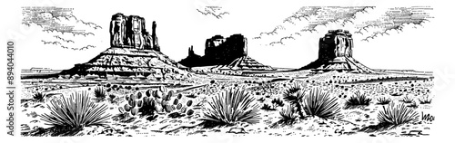 american desert landscape engraving black and white outline
