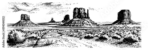 american desert landscape engraving black and white outline