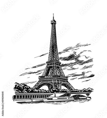 eiffel tower engraving black and white outline