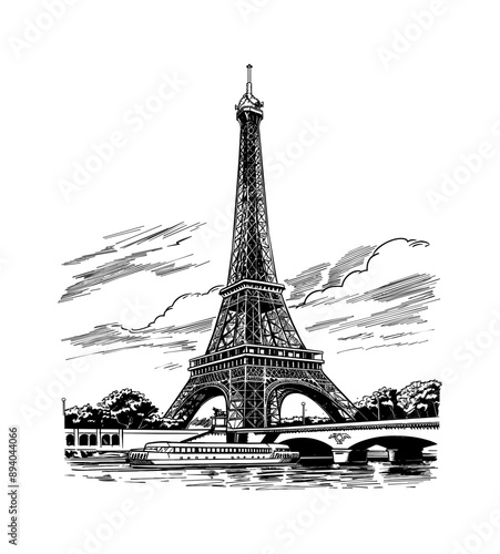 eiffel tower engraving black and white outline