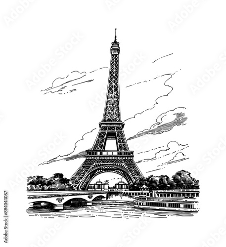 eiffel tower engraving black and white outline