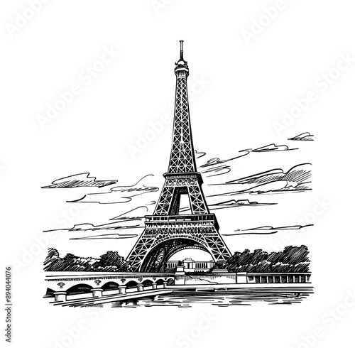 eiffel tower engraving black and white outline