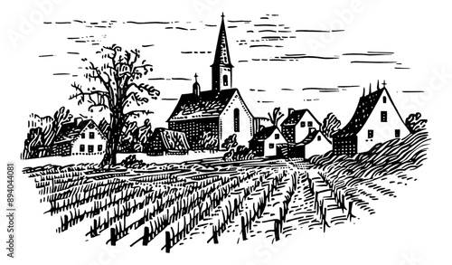 european village engraving black and white outline