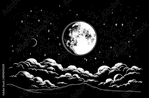 full moon night sky engraving black and white outline