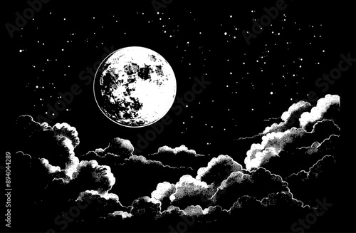 full moon night sky engraving black and white outline