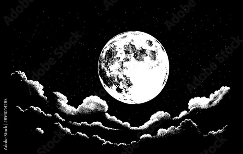 full moon night sky engraving black and white outline