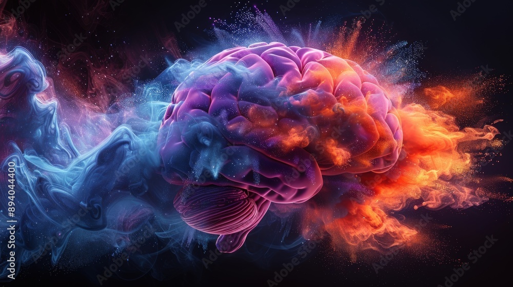 A colorful brain made of powder paint exploding on a black background. A colorful brain made of powder paint exploding on a black background.