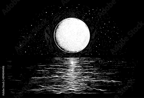 full moon sea engraving black and white outline