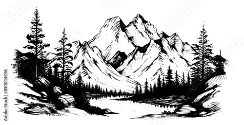 mountain forest engraving black and white outline