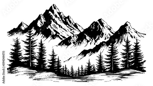 mountain forest engraving black and white outline